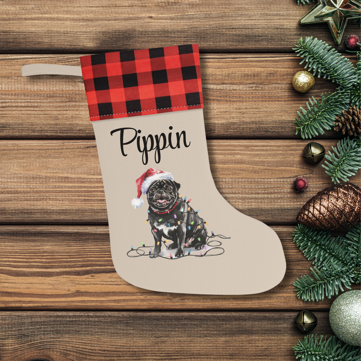 Personalized Black Pug Christmas Stocking, Holiday Decor Gift for Pet Lovers
