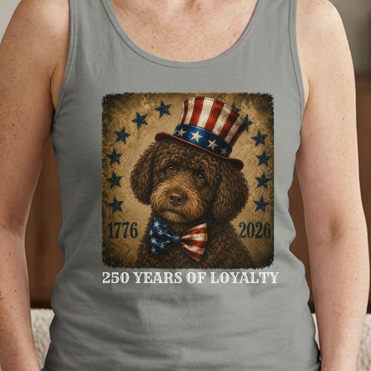 Brown Portuguese Water Dog Patriotic Tank Top, 250 Years Loyalty