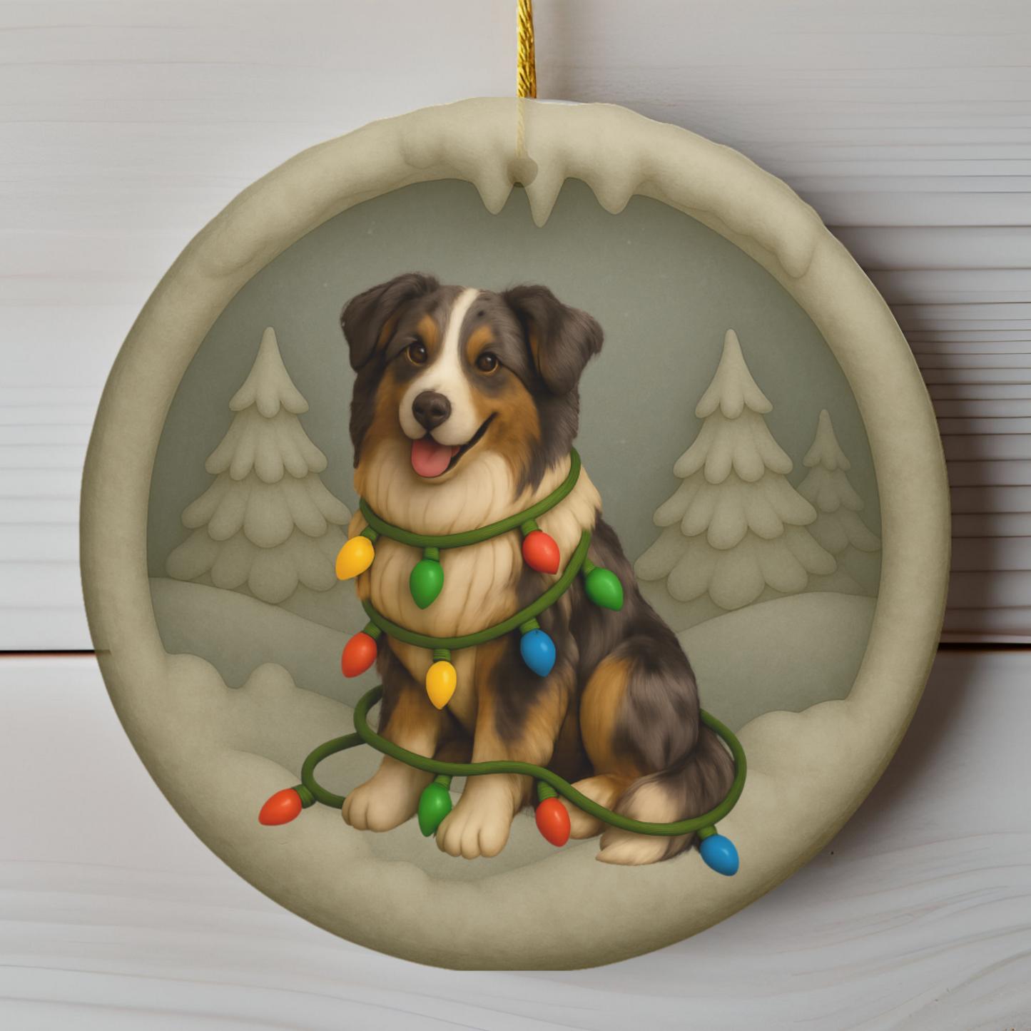 Personalized Australian Shepherd Christmas Ornament, Custom Aussie with Holiday Lights Keepsake