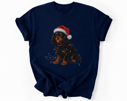 Black and Tan Cavalier King Charles Spaniel Christmas Lights Dog Shirt, Festive Cavalier Holiday Tee for Dog Lovers