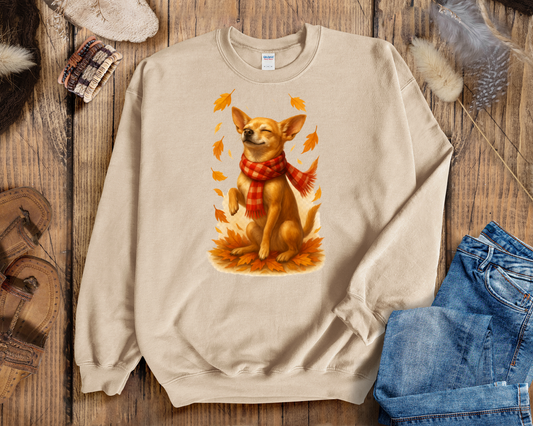 Chihuahua in Autumn Leaves T-shirt, Fall Dog Sweatshirt, Pet Lover Gift, Cozy Canine Apparel, Chihuahua in Scarf, Dog Mom Present