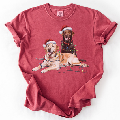 Yellow and Chocolate Labrador Christmas Shirt, Dog Santa Hat Tee, Festive Holiday Dog Art, Labrador Retriever Gift