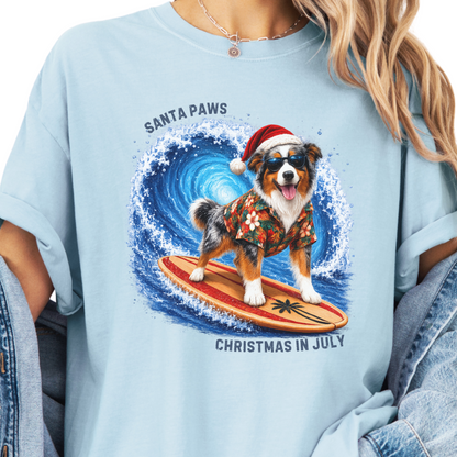 Christmas in July Gift for Australian Shepherd Lovers, Santa Paws Beach Shirt