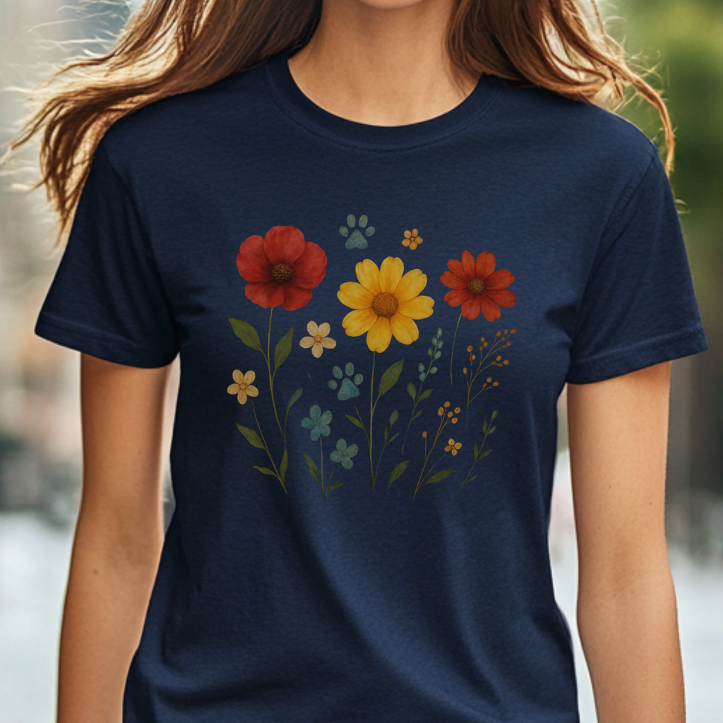 Wildflower Paw Print Shirt Dog Mom Boho Floral Tee Nature-Inspired Pet Lover Gift Watercolor Garden Dog T-Shirt Dog Mothers Day T-Shirt