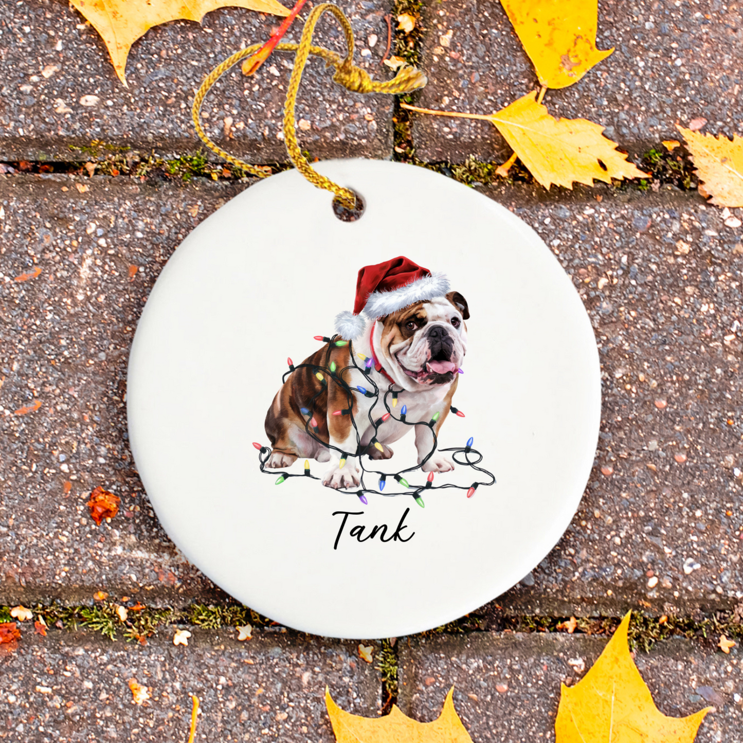 Personalized Bulldog Christmas Ornament, Ceramic Dog Lover Keepsake, Festive Lights Decoration