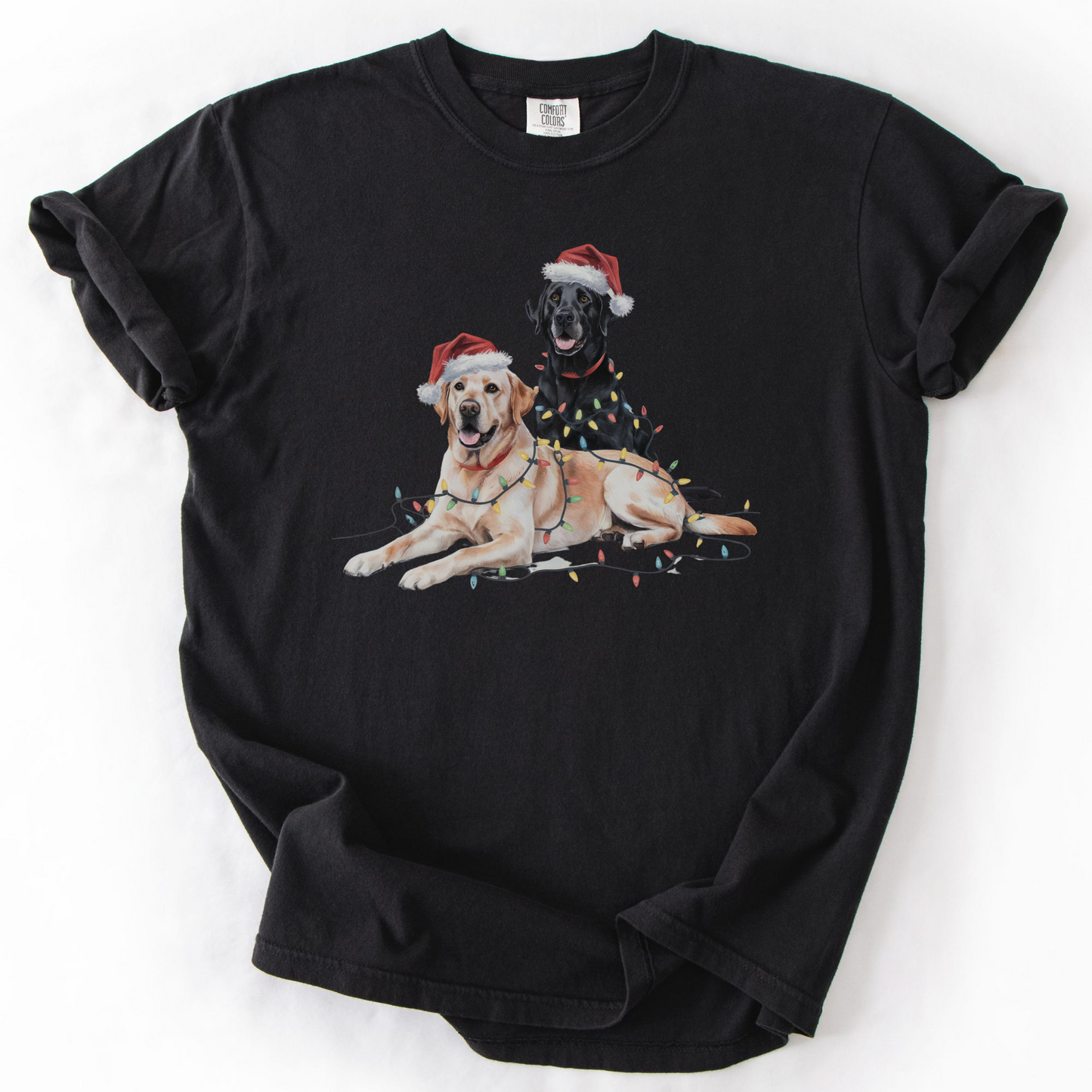 Christmas Labs Shirt, Cute Black and Yellow Labrador Retriever in Santa Hats & Lights, Holiday Dog Lover Gift, Funny Christmas Dog Tee