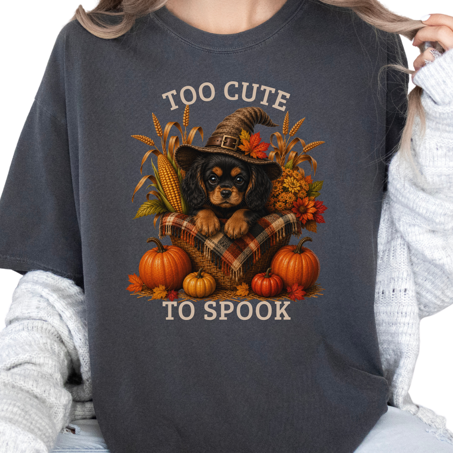 Black & Tan Cavalier Halloween Shirt, Too Cute To Spook Fall Dog Lover Tee