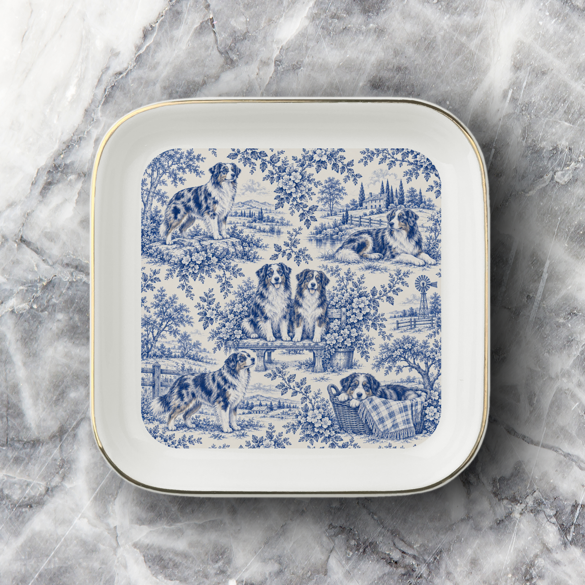 Australian Shepherd Jewelry Dish, Blue Toile Aussie Ring Dish, Dog Mom Gift, Trinket Tray