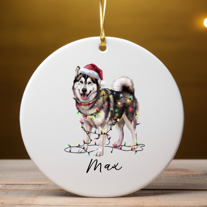 Personalized Alaskan Malamute Christmas Ornament, Dog Name Decor, Ceramic Pet Gift