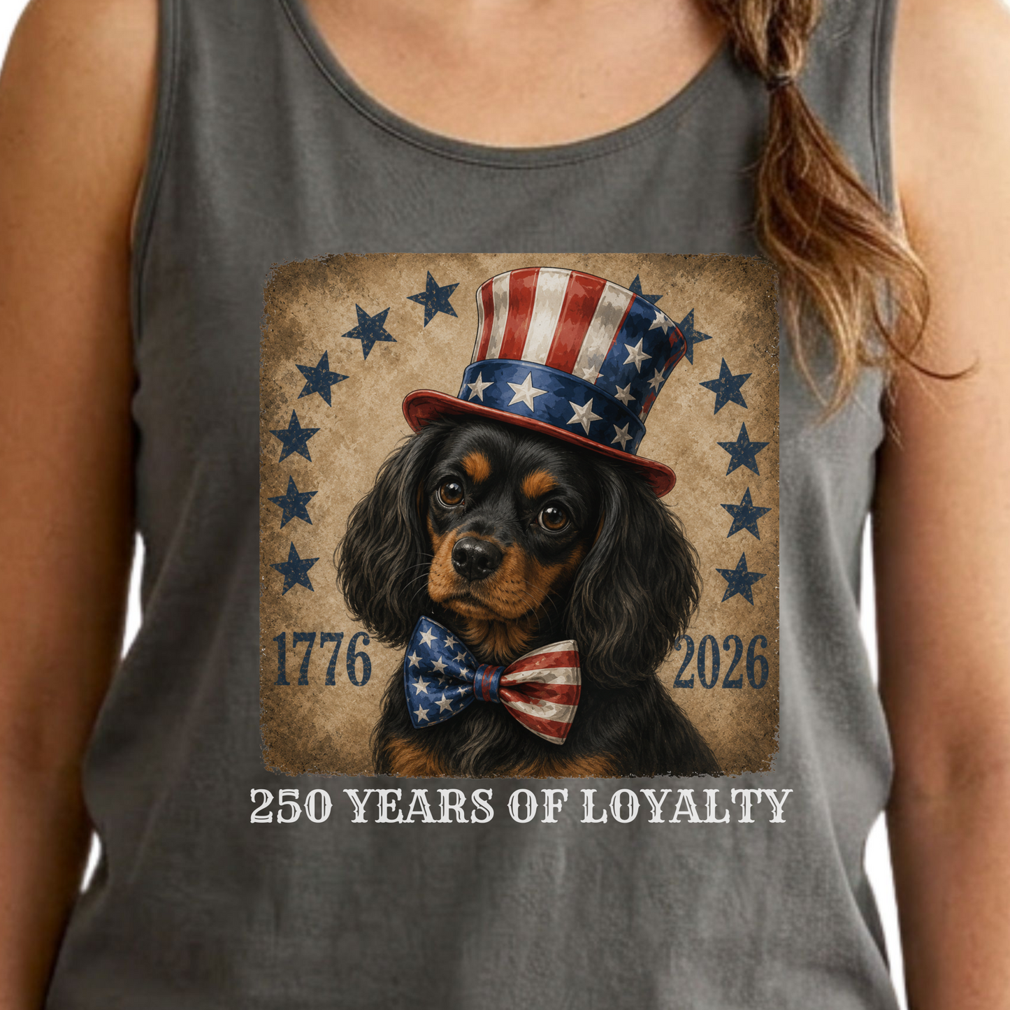 Black and Tan Cavalier Patriotic Tank Top, 250 Years of Loyalty