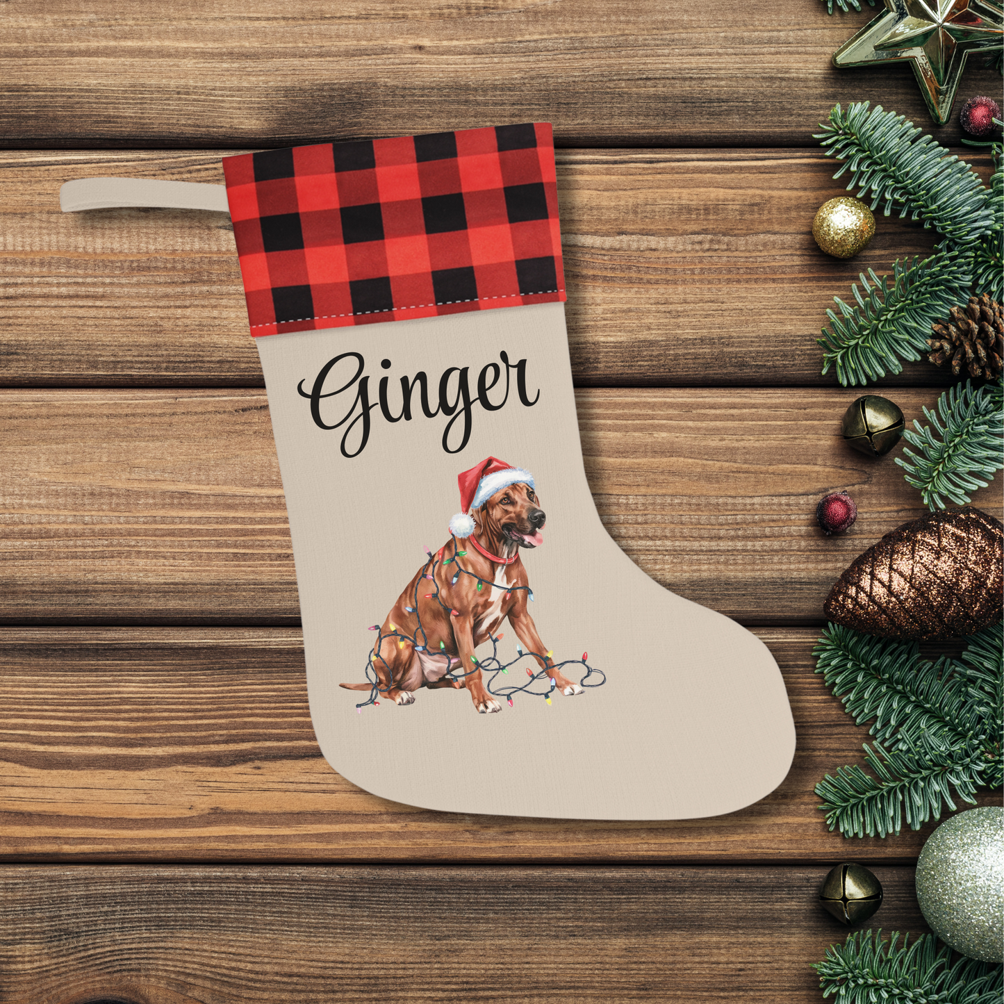 Personalized Rhodesian Ridgeback Christmas Stocking, Holiday Decor Gift for Pet Lovers