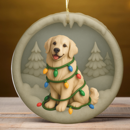 Personalized English Cream Golden Retriever Christmas Ornament, Custom Golden with Holiday Lights Keepsake