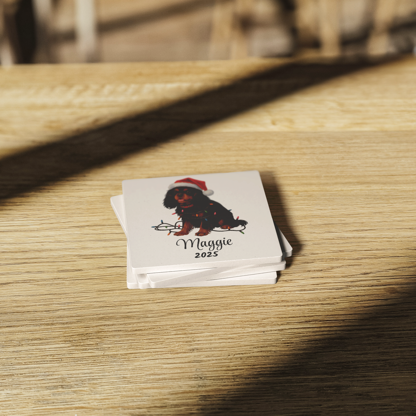 Personalized Black & Tan Cavalier King Charles Spaniel Christmas Coaster Set