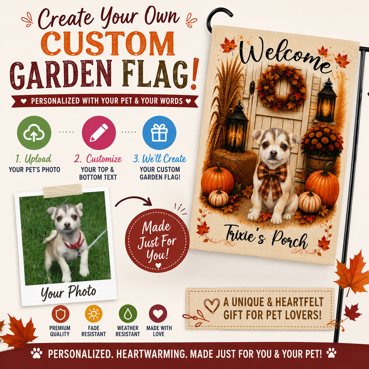 Personalized Fall Garden Flag with Pet Photo, Custom Welcome Yard Flag, Farmhouse Autumn Porch Decor