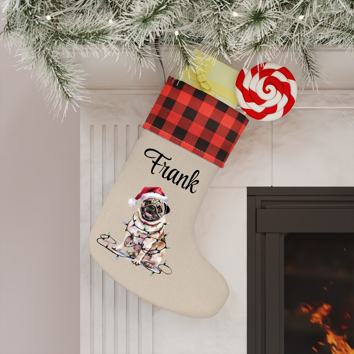 Personalized Tan Pug Christmas Stocking, Holiday Decor Gift for Pet Lovers