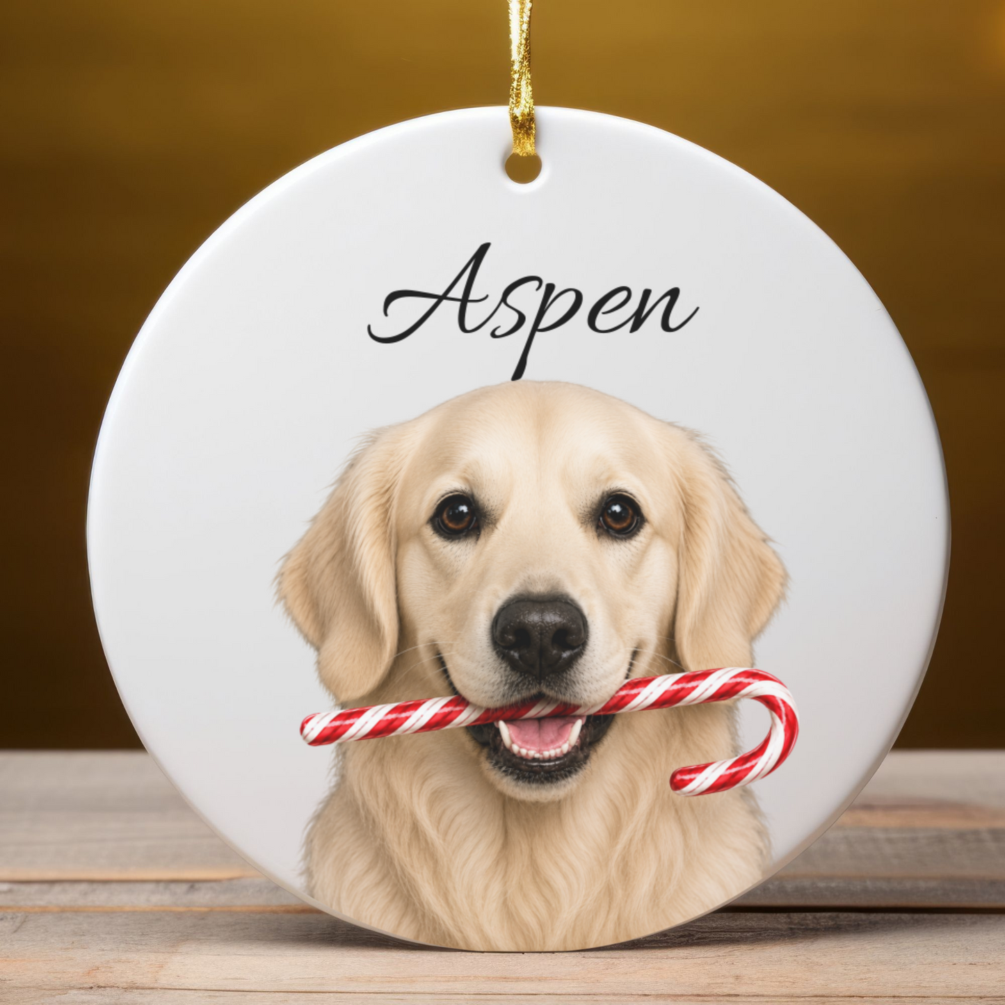 Personalized English Cream Golden Retriever Candy Cane Ornament