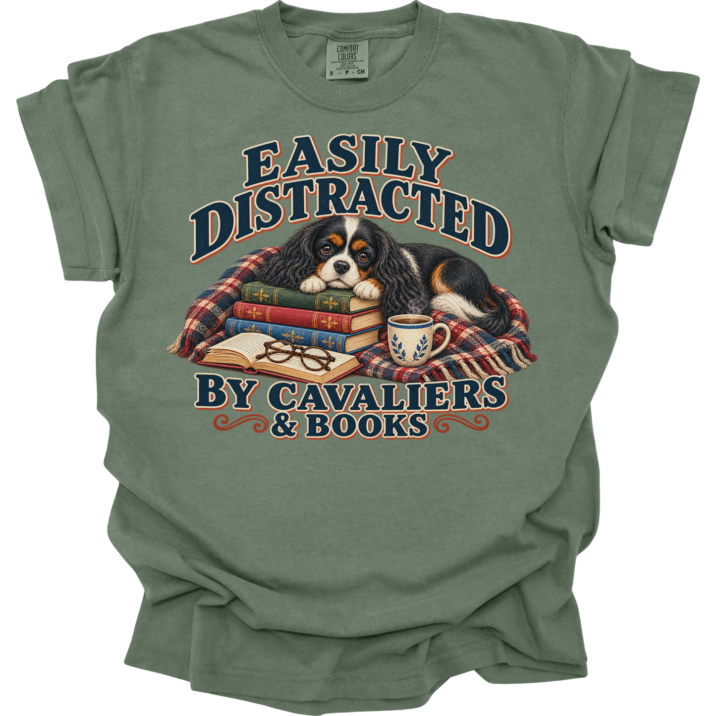 Tricolor Cavalier Shirt, Easily Distracted by Cavaliers and Books, Cavalier Mom Book Lover Tee