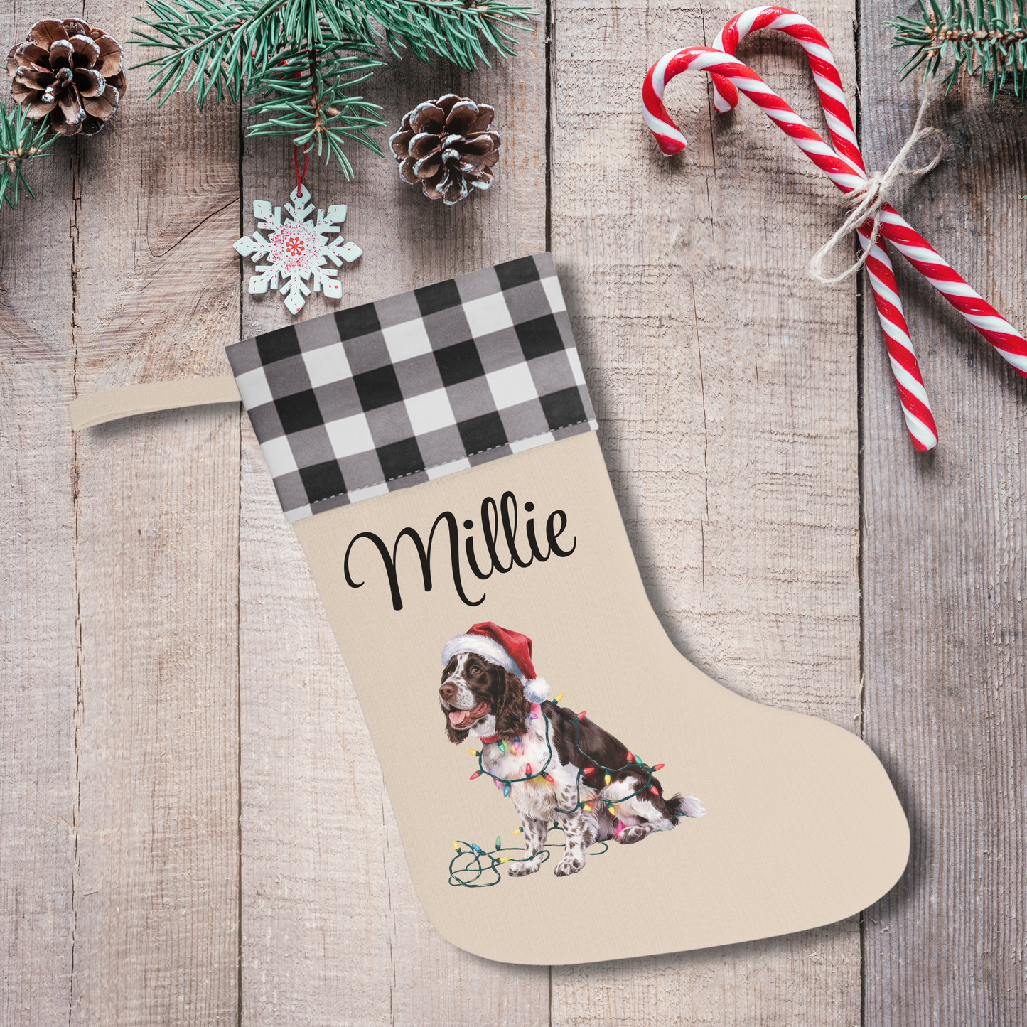 Personalized Brown Springer Spaniel Christmas Stocking, Holiday Decor Gift for Pet Lovers