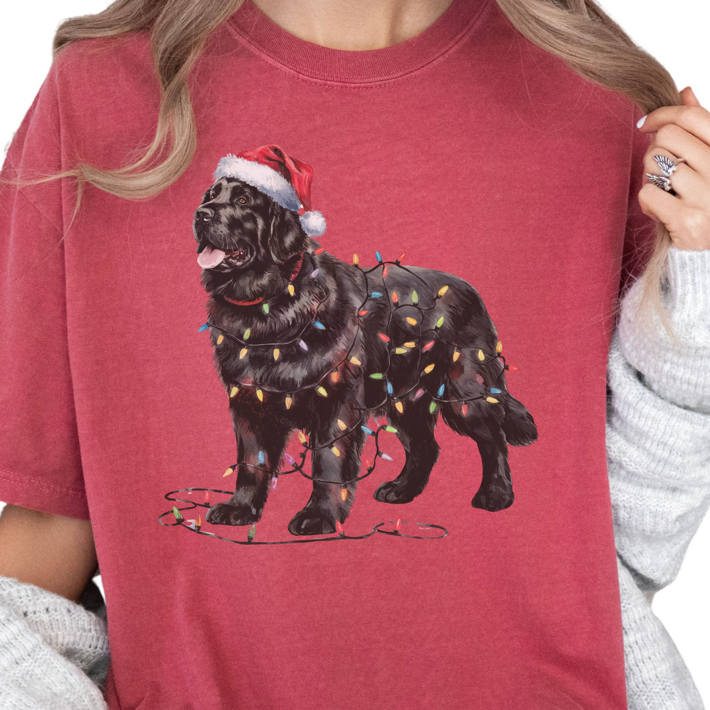 Black Newfoundland Christmas Lights Shirt, Cozy Holiday Tee for Gentle Giant Lovers
