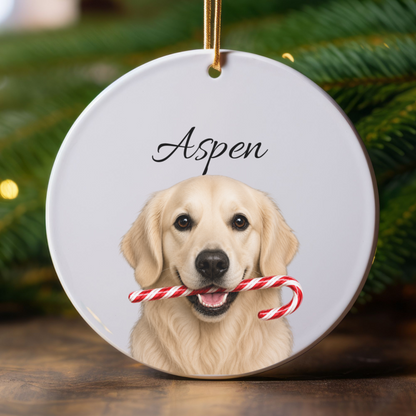 Personalized English Cream Golden Retriever Candy Cane Ornament