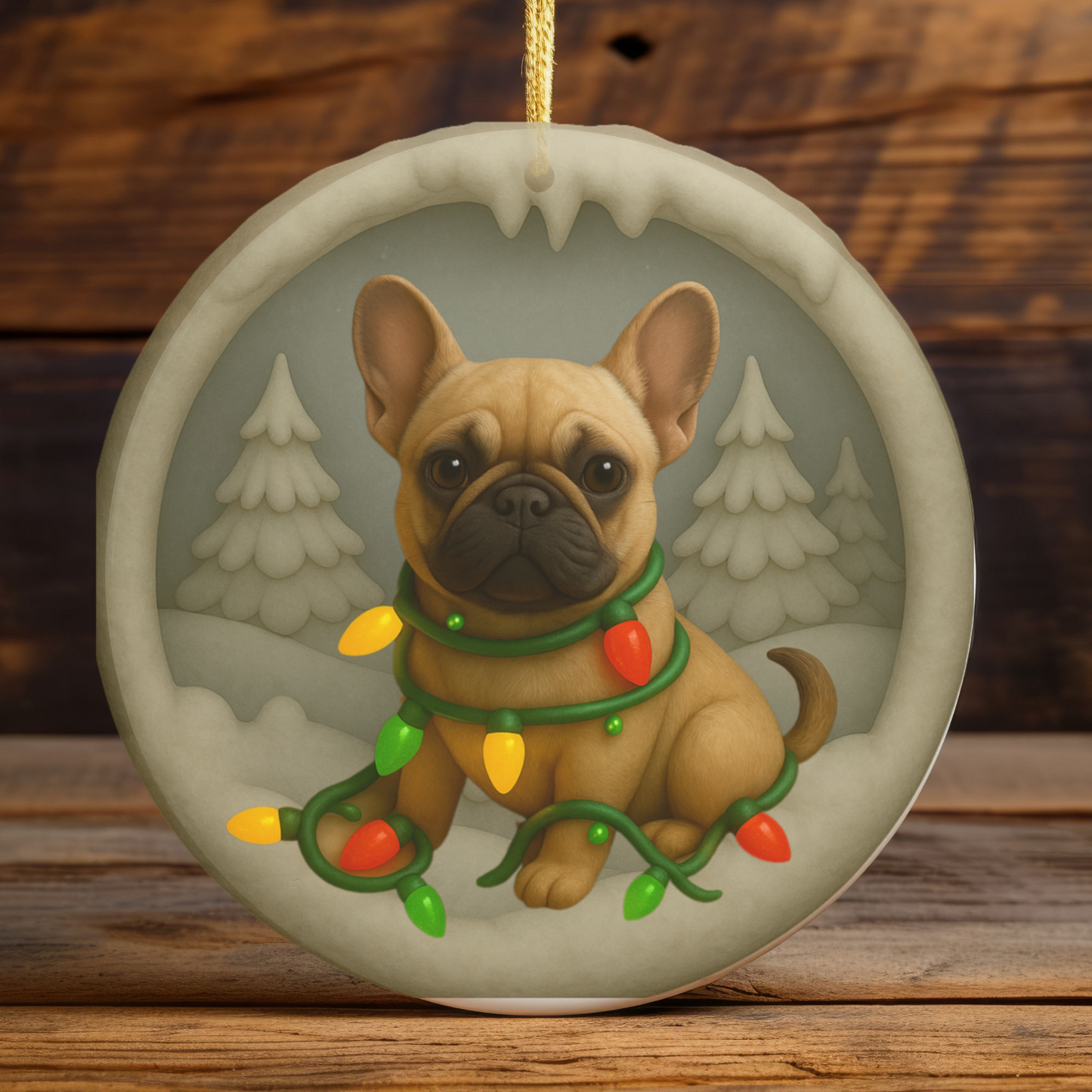 Personalized French Bulldog Christmas Ornament, Custom Frenchie with Holiday Lights Keepsake