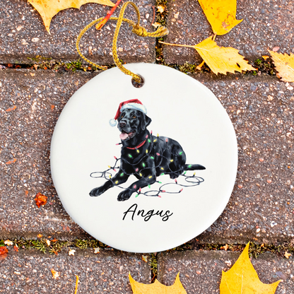 Personalized Black Labrador Christmas Ornament, Ceramic Dog Keepsake, Festive Lights Lab
