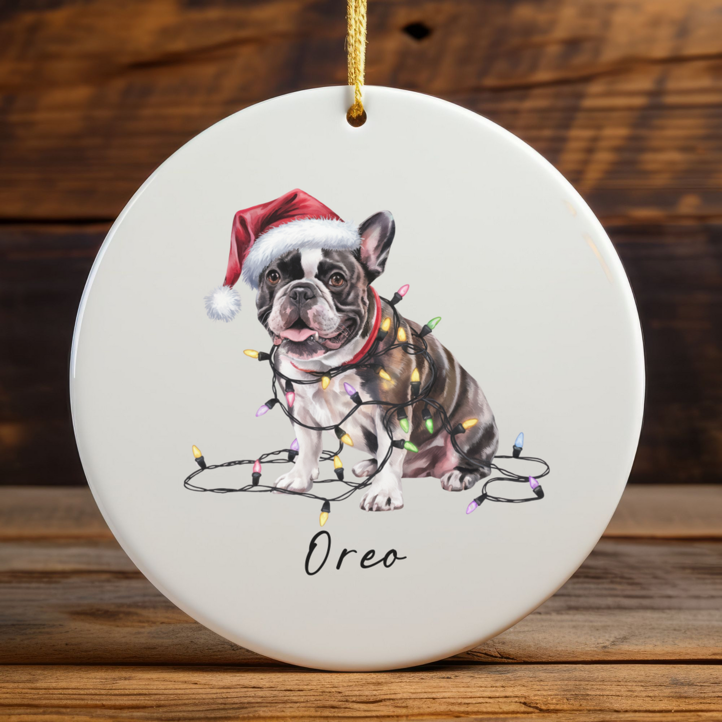 Personalized Black French Bulldog Ceramic Ornament, Dog Christmas Gift, Festive Lights Keepsake