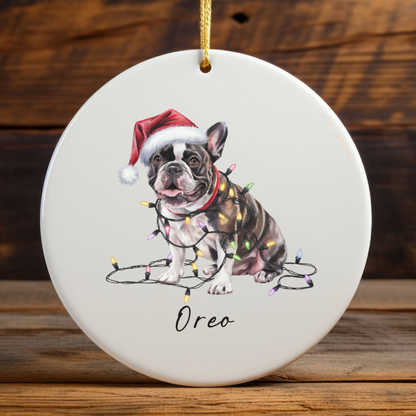 Personalized Black French Bulldog Ceramic Ornament, Dog Christmas Gift, Festive Lights Keepsake