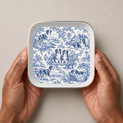 Australian Shepherd Jewelry Dish, Blue Toile Aussie Ring Dish, Dog Mom Gift, Trinket Tray