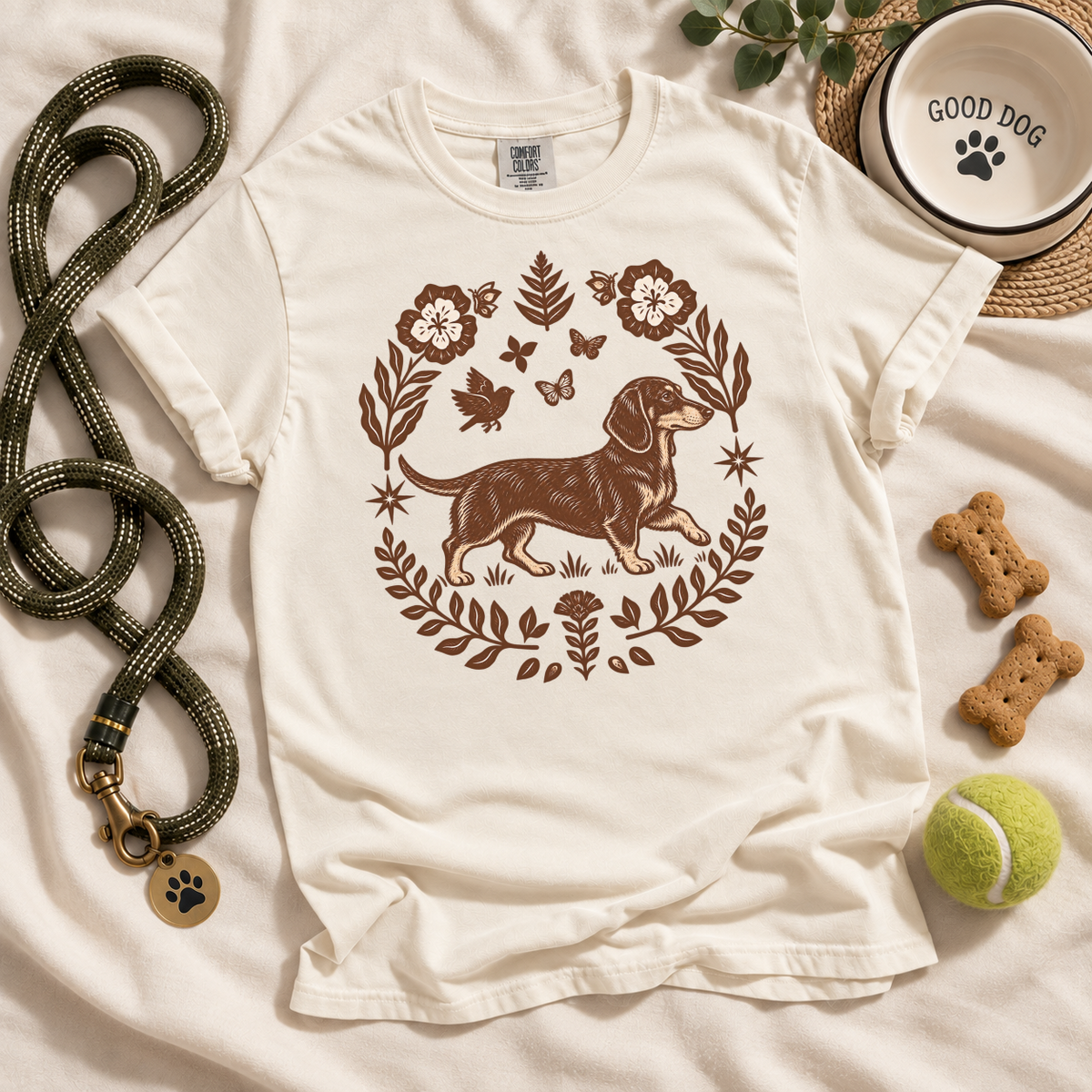 Black and Tan Dachshund Comfort Colors Shirt, Folk Art Doxie Tee, Wiener Dog Gift