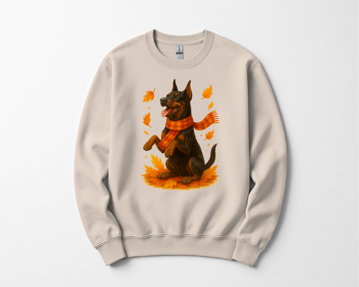 Doberman Autumn Sweater, Dog Lover Fall Apparel, Cozy Pet Sweatshirt Gift, Autumn Dog Fashion