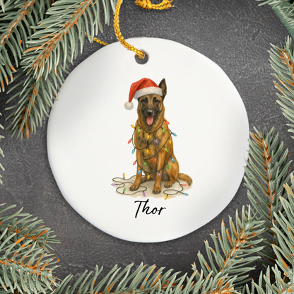Personalized Belgian Malinois Dog Christmas Ornament, Ceramic Pet Decor, Santa Hat Lights
