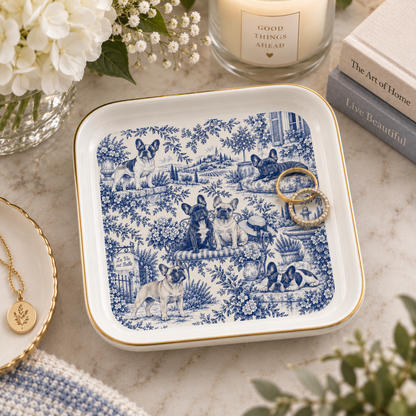 French Bulldog Jewelry Dish, Blue Toile Frenchie Ring Dish, Dog Lover Gift, Trinket Tray