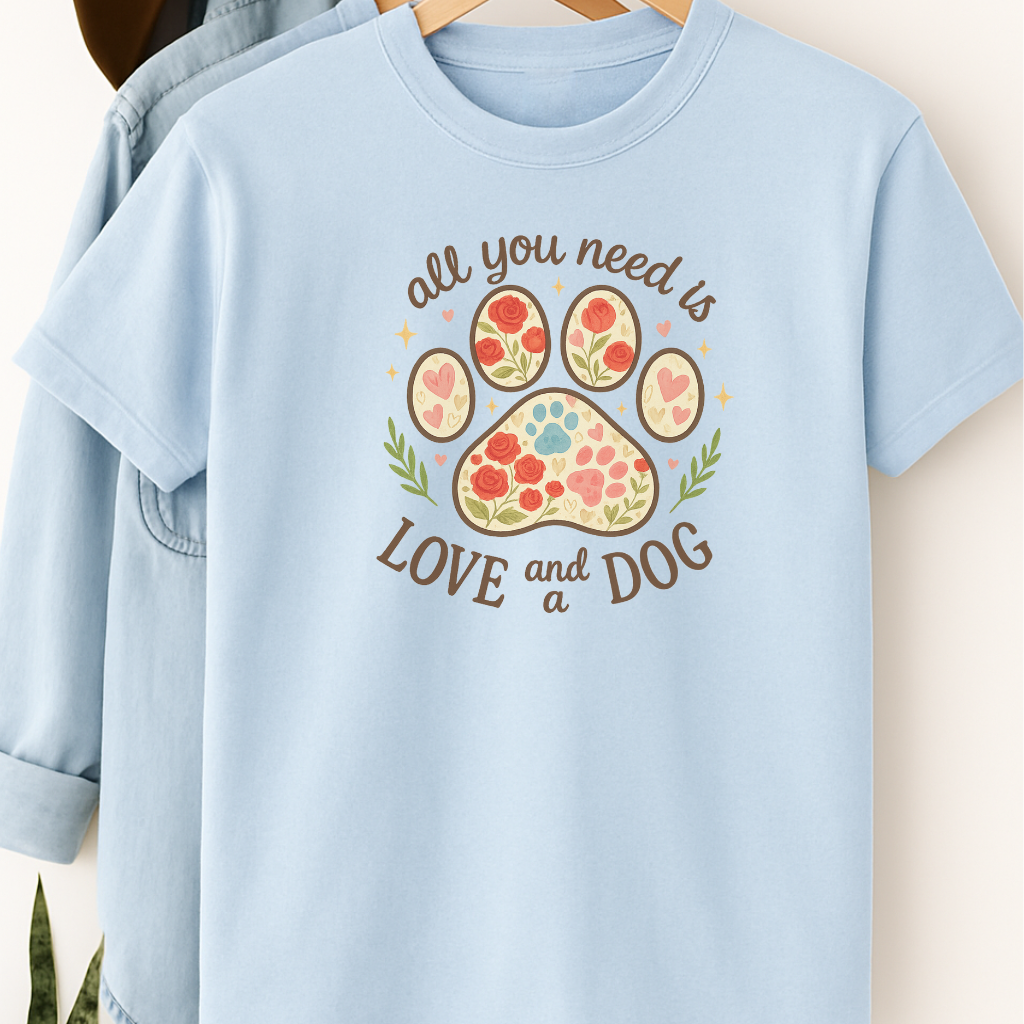All You Need Is Love and a Dog Floral Paw Print T-Shirt – Cute Gift for Dog Lovers