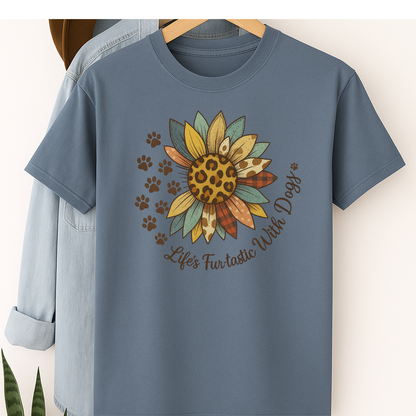 Life’s Furtastic With Dogs T-Shirt – Sunflower & Paw Print Tee for Dog Moms and Pet Lovers