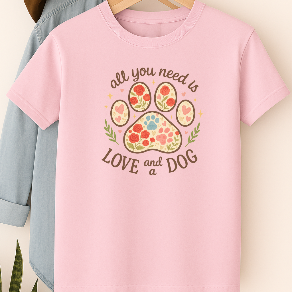 All You Need Is Love and a Dog Floral Paw Print T-Shirt – Cute Gift for Dog Lovers
