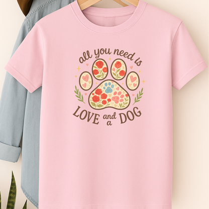All You Need Is Love and a Dog Floral Paw Print T-Shirt – Cute Gift for Dog Lovers