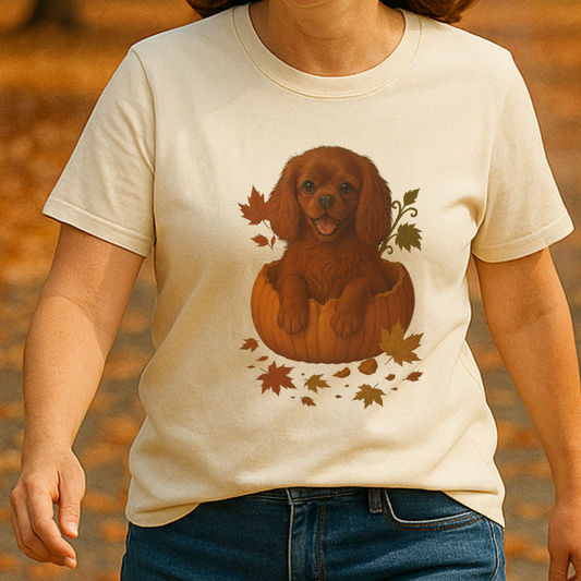 Ruby Cavalier King Charles in Pumpkin Fall Shirt, Cute Autumn Dog Tee for Spaniel Lovers
