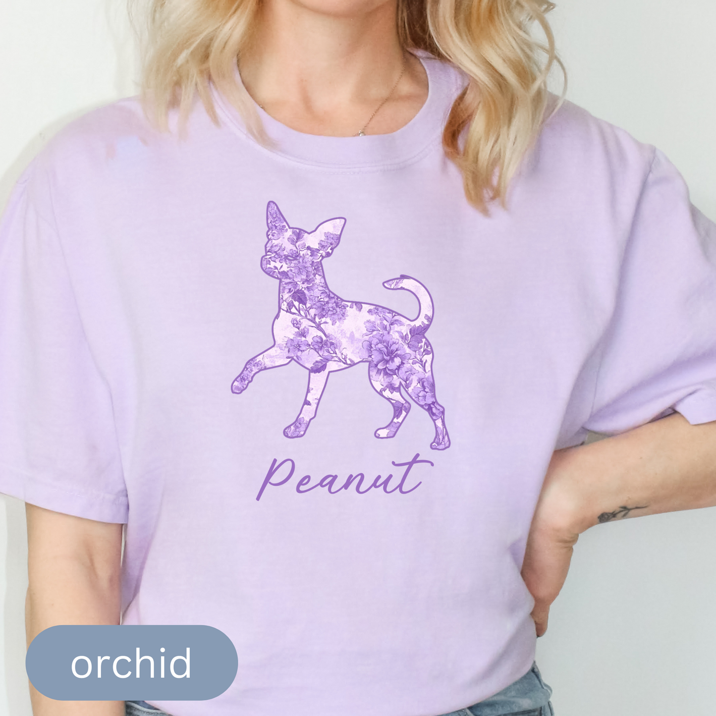 Personalized Chihuahua Silhouette Shirt with Name, Custom Floral Pet T-Shirt Gift for Dog Lovers, Toile Comfort Color Tee, Chinoiserie Shirt