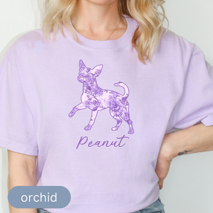 Personalized Chihuahua Silhouette Shirt with Name, Custom Floral Pet T-Shirt Gift for Dog Lovers, Toile Comfort Color Tee, Chinoiserie Shirt