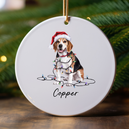 Personalized Beagle Christmas Ornament, Ceramic Dog Holiday Keepsake, Santa Hat Lights Beagle
