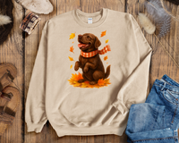 Load image into Gallery viewer, Chocolate Labrador Fall T-Shirt, Autumn Dog Sweatshirt, Pet Lover Gift, Cozy Canine Apparel, Chocolate Lab in Leaves
