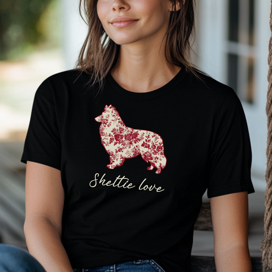 Custom Dog Breed T-Shirt with Name, Personalized Pet Lover Gift, Red Floral Toile Silhouette Dog Tee, Dog Mom Shirt