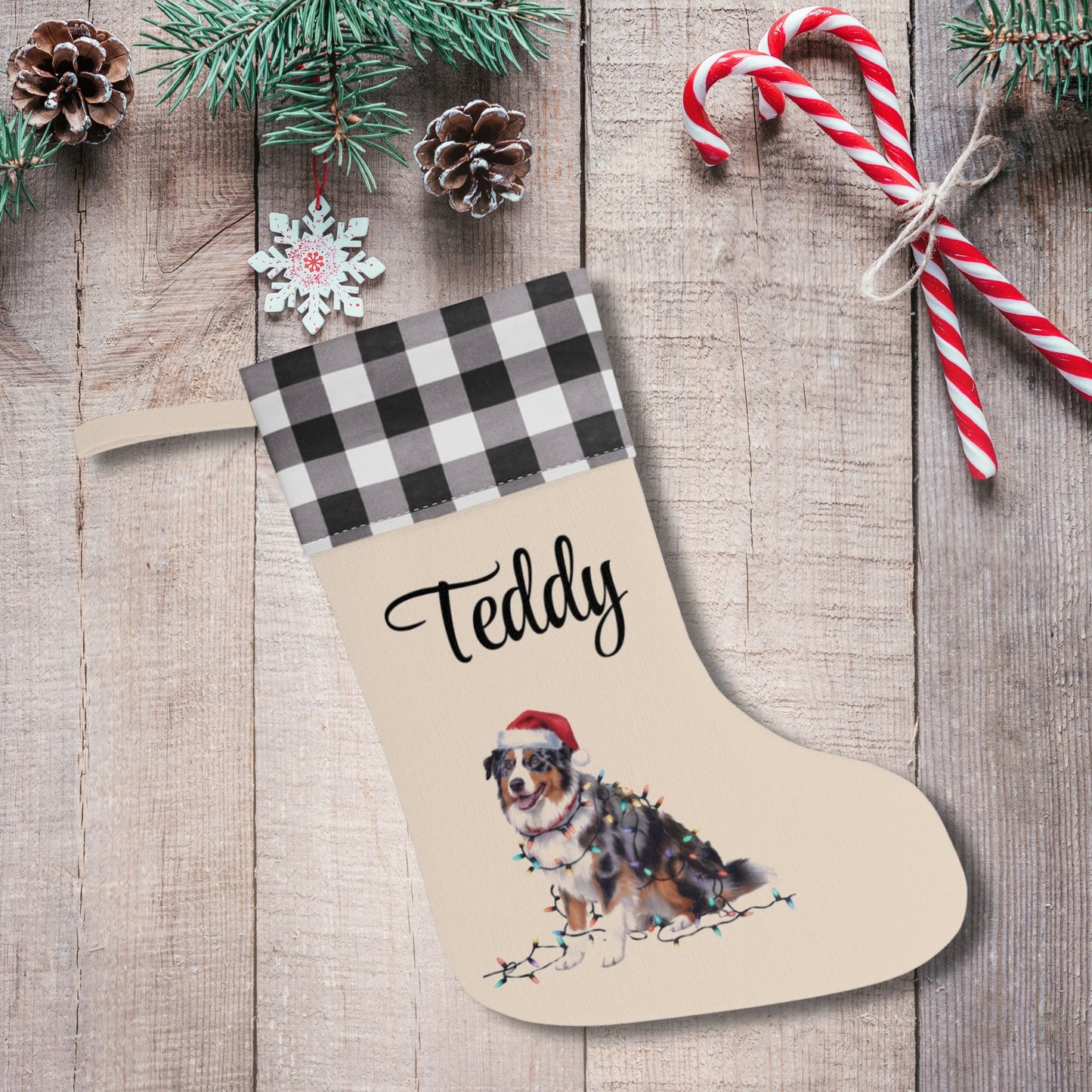 Personalized Christmas Australian Shepherd Stocking, Xmas Decor, Plaid Cuff Holiday Stocking