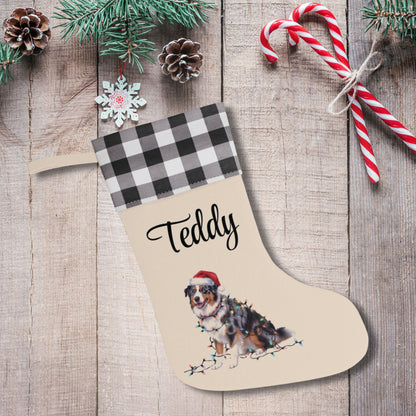 Personalized Christmas Australian Shepherd Stocking, Xmas Decor, Plaid Cuff Holiday Stocking