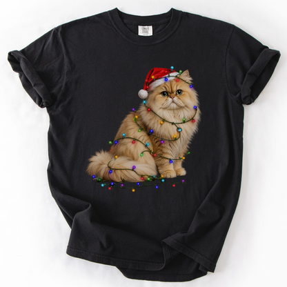 Persian Cat Christmas Lights Shirt, Comfort Colors Holiday Cat Lover Tee