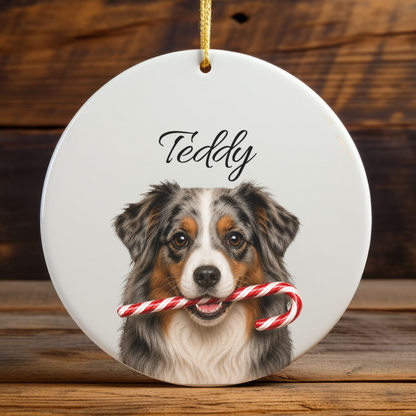 Personalized Australian Shepherd Candy Cane Ornament