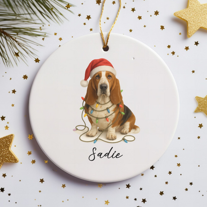 Personalized Basset Hound Christmas Ornament, Ceramic Dog Decor, Santa Hat Lights Keepsake