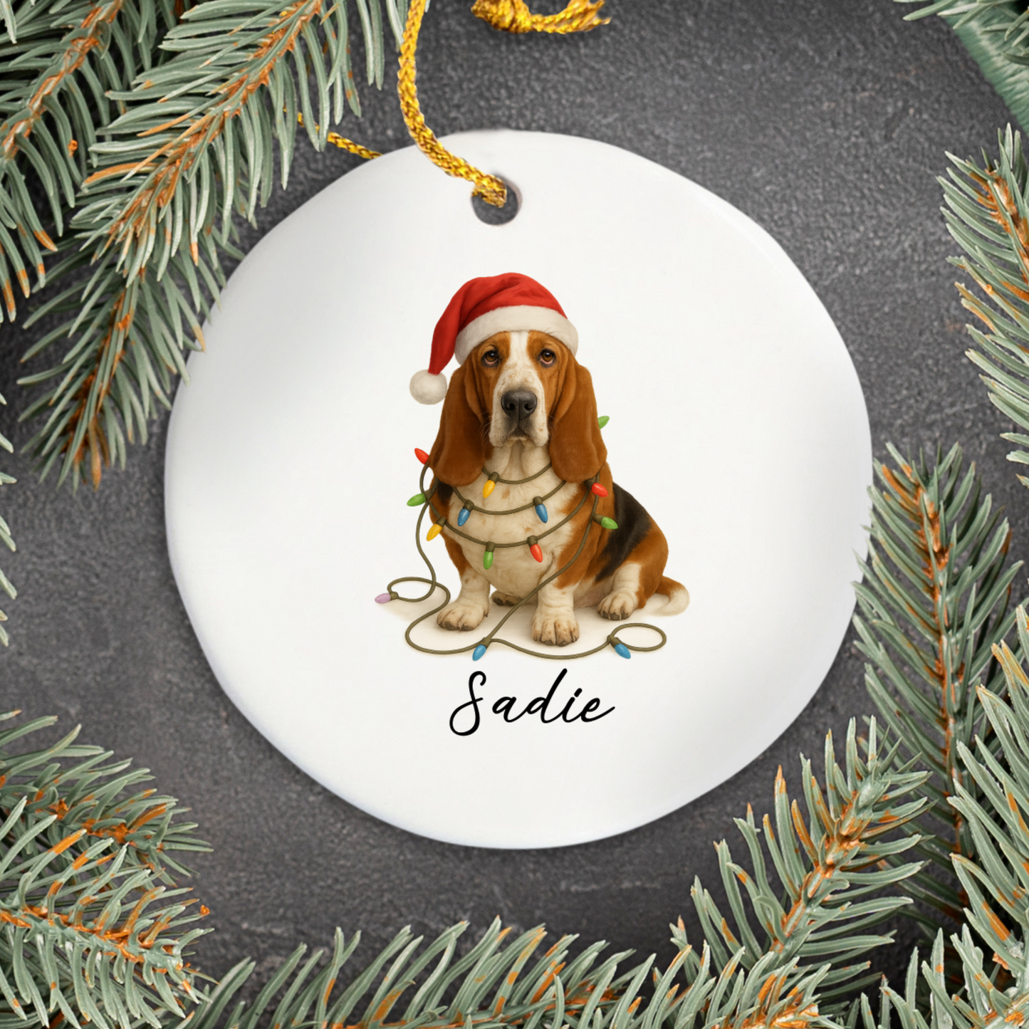 Personalized Basset Hound Christmas Ornament, Ceramic Dog Decor, Santa Hat Lights Keepsake