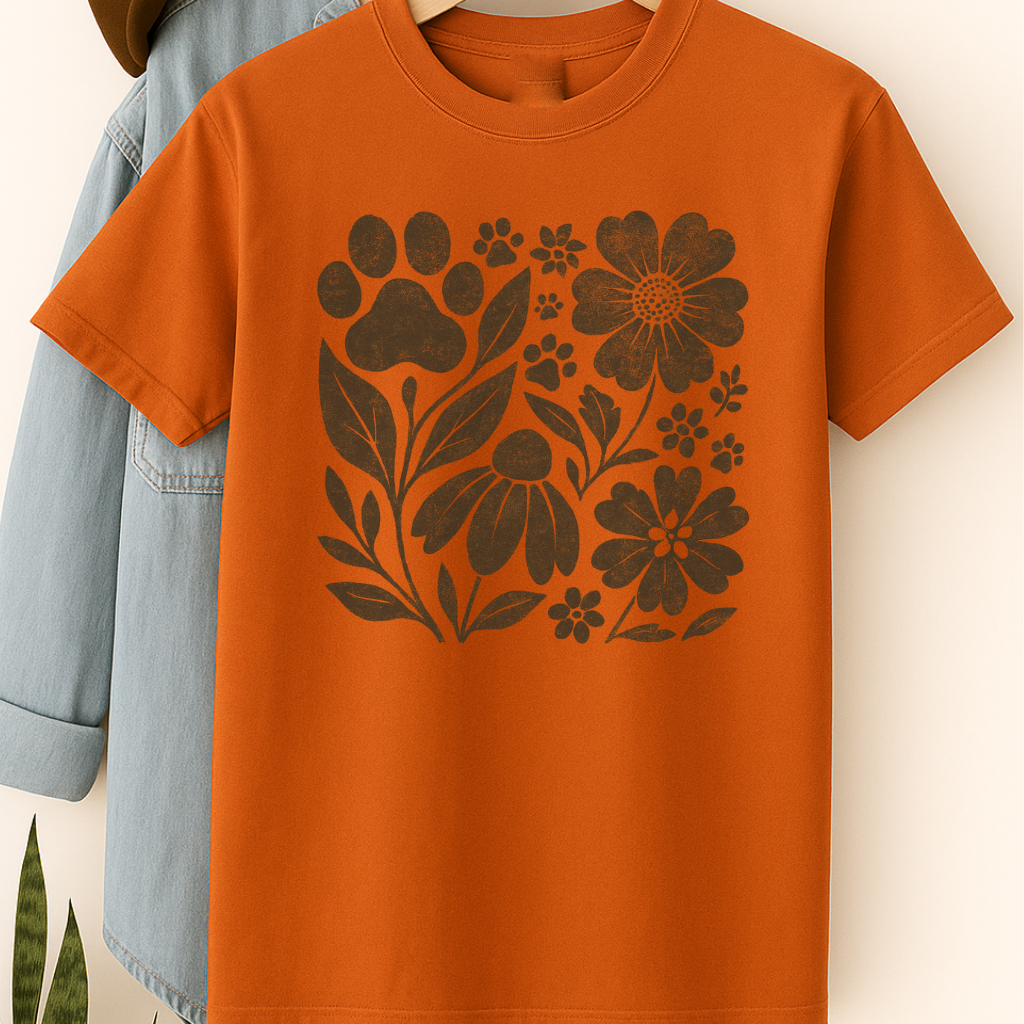 Retro Floral Paw Print Shirt Boho Dog Lover Tee Nature-Inspired Pet Mom Gift Vintage Botanical Animal T-Shirt